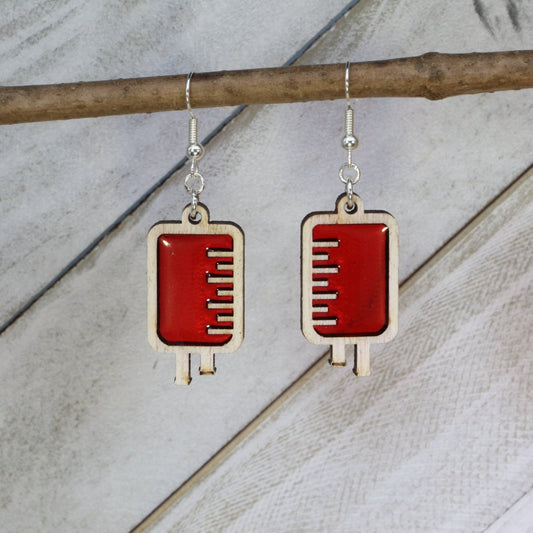 Blood Pack Wooden Dangle Earrings for Phlebotomists - - Cate's Concepts, LLC