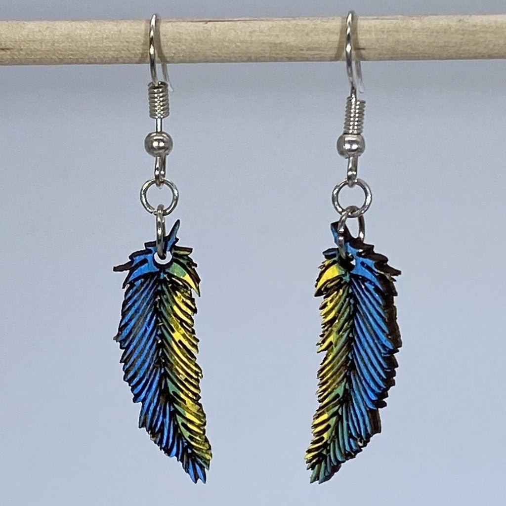 Blue and Yellow Wooden Feather Dangle Earrings - - Cate's Concepts, LLC