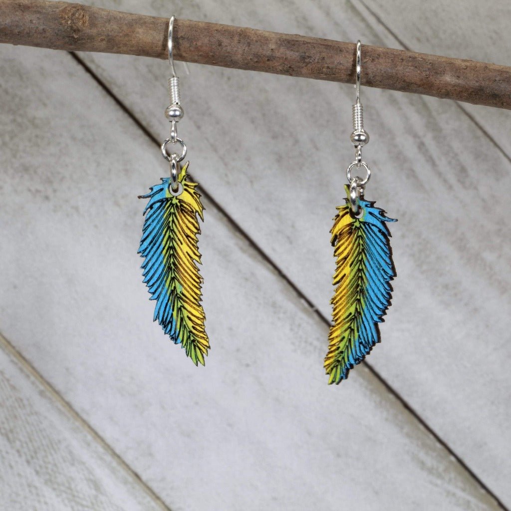 Blue and Yellow Wooden Feather Dangle Earrings - - Cate's Concepts, LLC