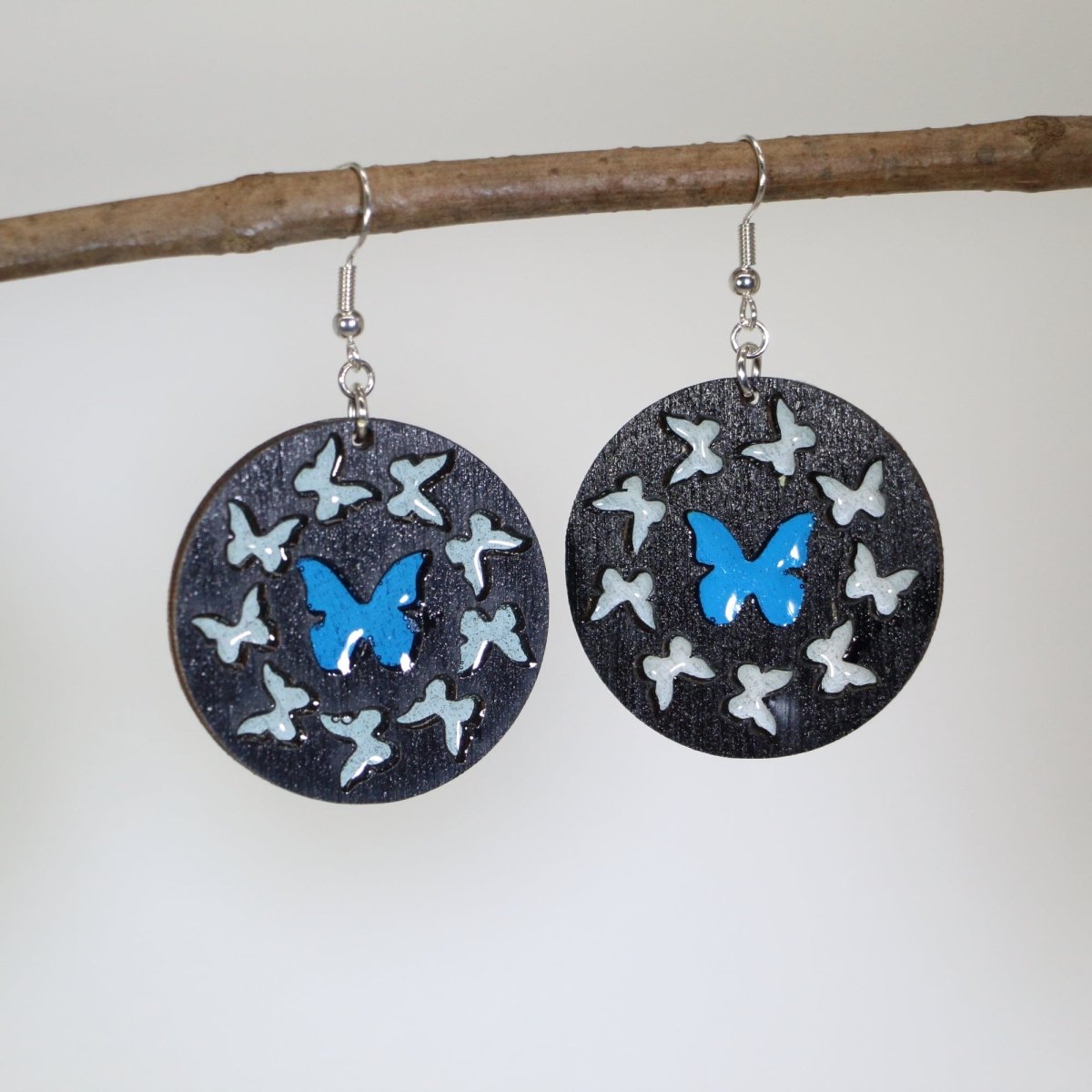 Blue Butterflies Wooden Dangle Earrings - - Cate's Concepts, LLC