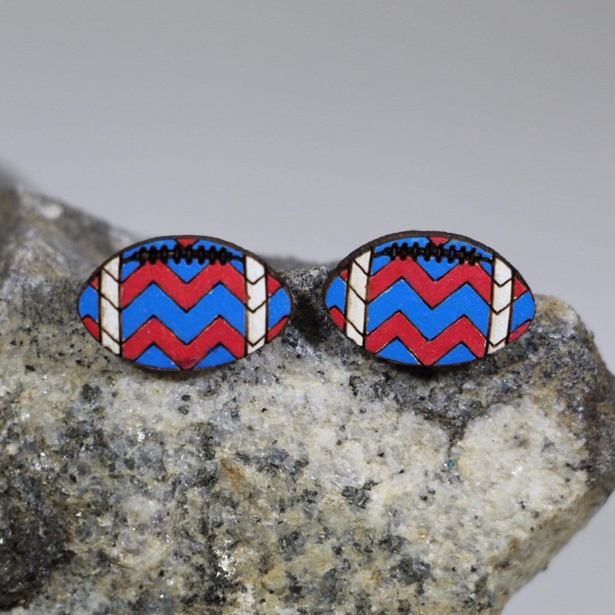 Blue & Red Chevron Football Wooden Earrings - Studs - Cate's Concepts, LLC