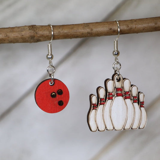 Bowling Ball and Ten Pin Wooden Dangle Earrings - - Cate's Concepts, LLC