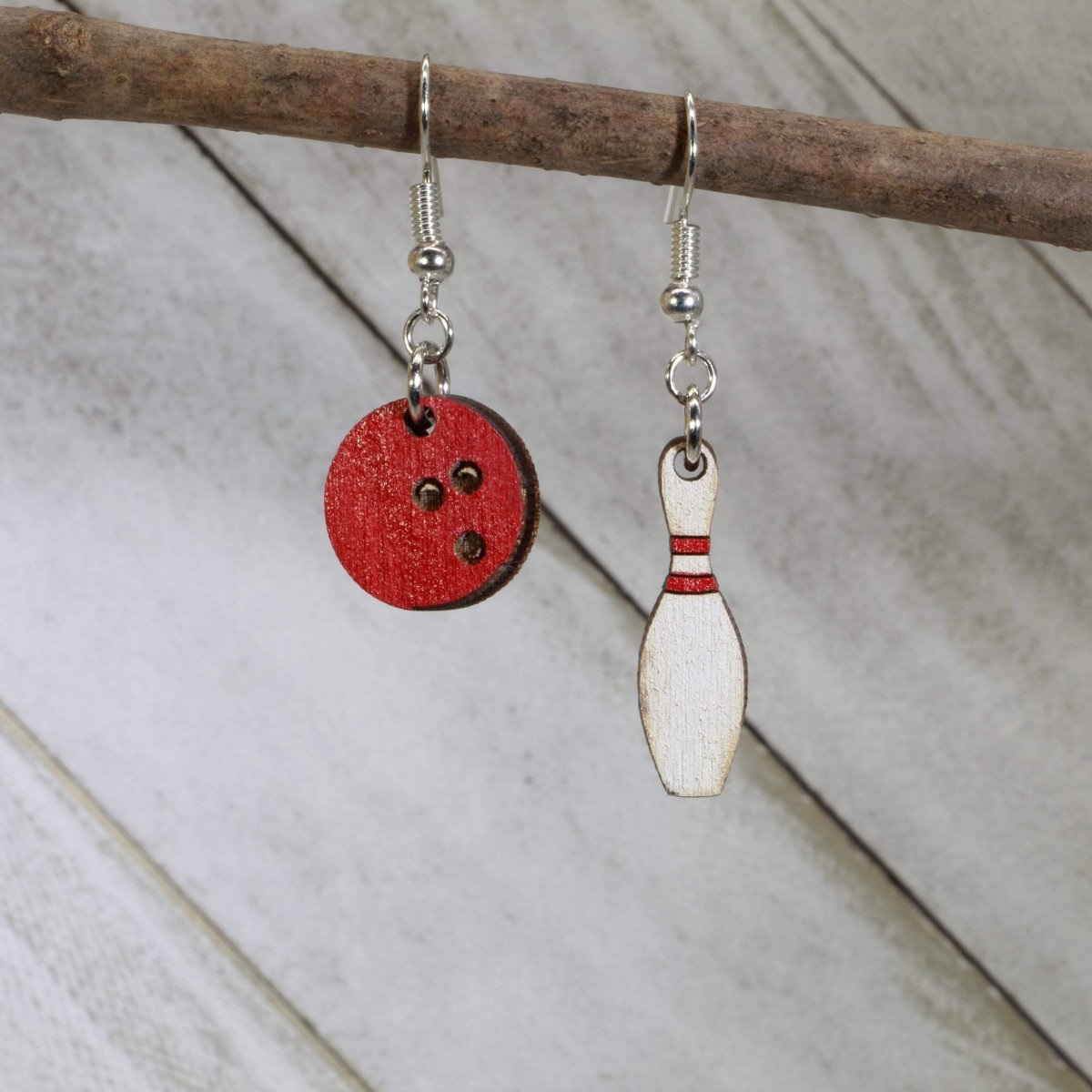 Bowling Pin and Ball Wooden Dangle Earrings - - Cate's Concepts, LLC