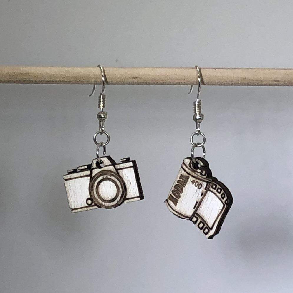 Camera and Film Canister Wooden Dangle Earrings - - Cate's Concepts, LLC
