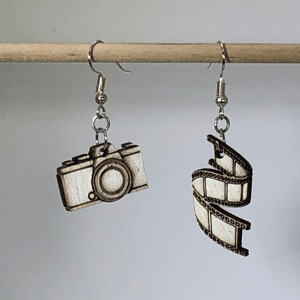 Camera and Film Strip Wooden Dangle Earrings - - Cate's Concepts, LLC