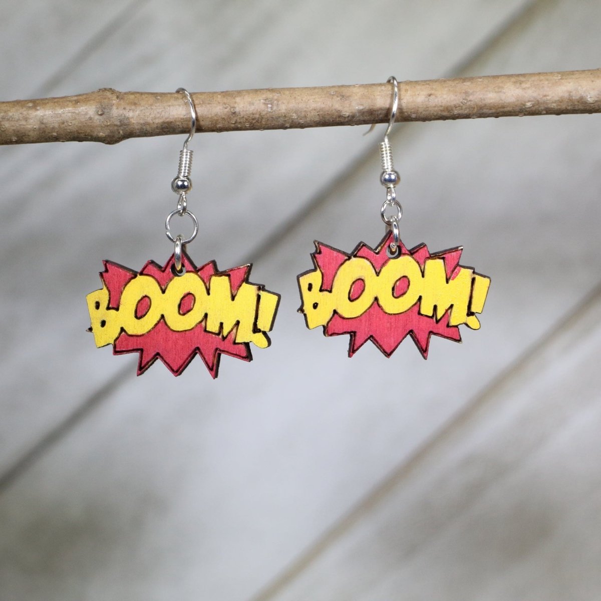 Cartoon "BOOM" Sound Effect Wooden Dangle Earrings - - Cate's Concepts, LLC