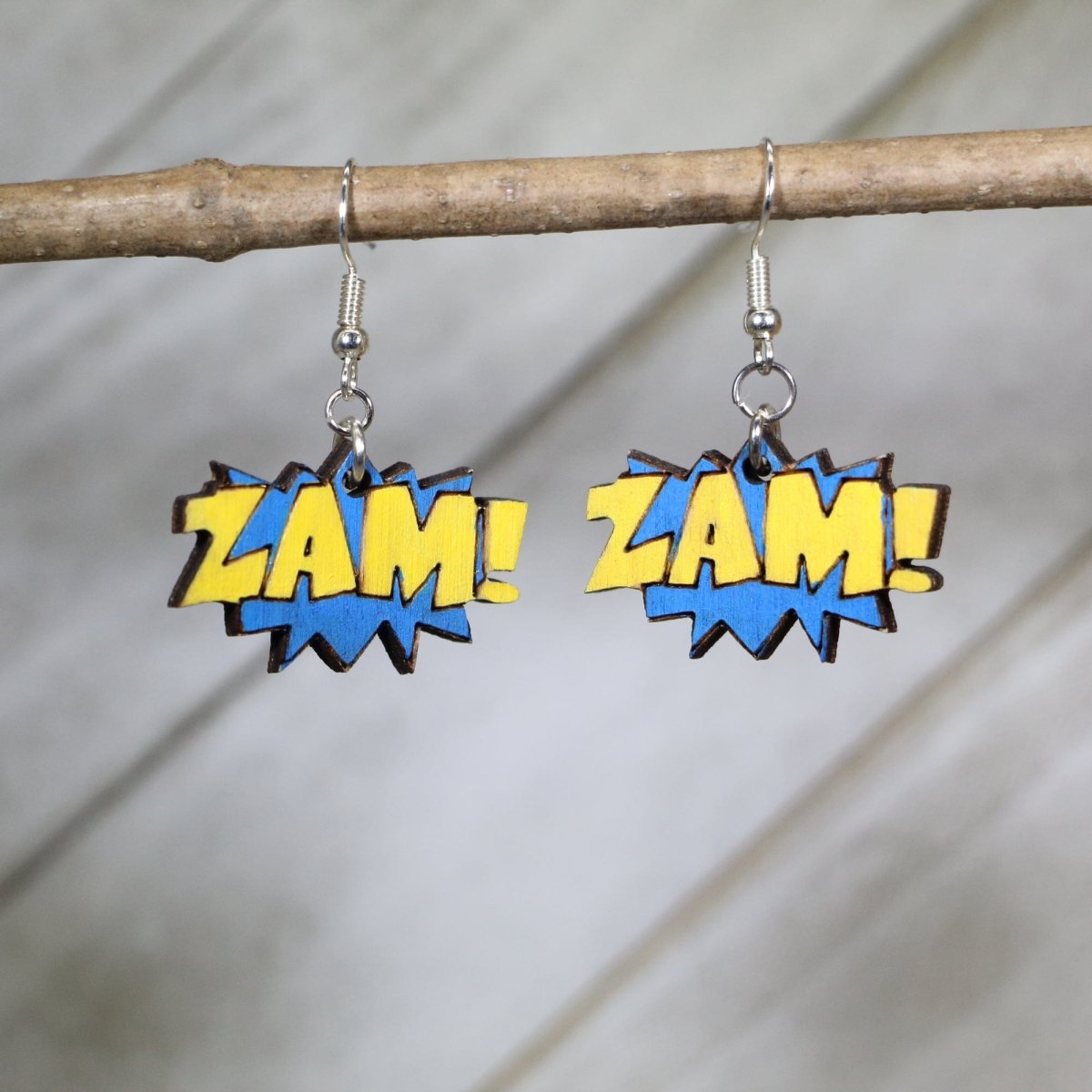 Cartoon "ZAM!" Sound Effect Wooden Dangle Earrings - - Cate's Concepts, LLC