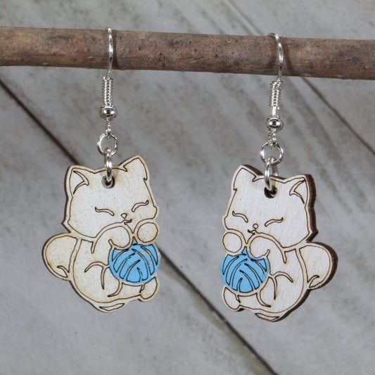 Cat and Yarn Wooden Dangle Earrings - Blue - Cate's Concepts, LLC