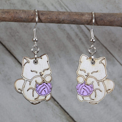 Cat and Yarn Wooden Dangle Earrings - Purple - Cate's Concepts, LLC