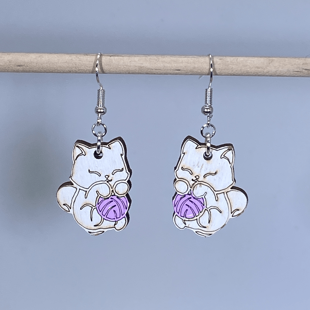 Cat and Yarn Wooden Dangle Earrings - Purple - Cate's Concepts, LLC