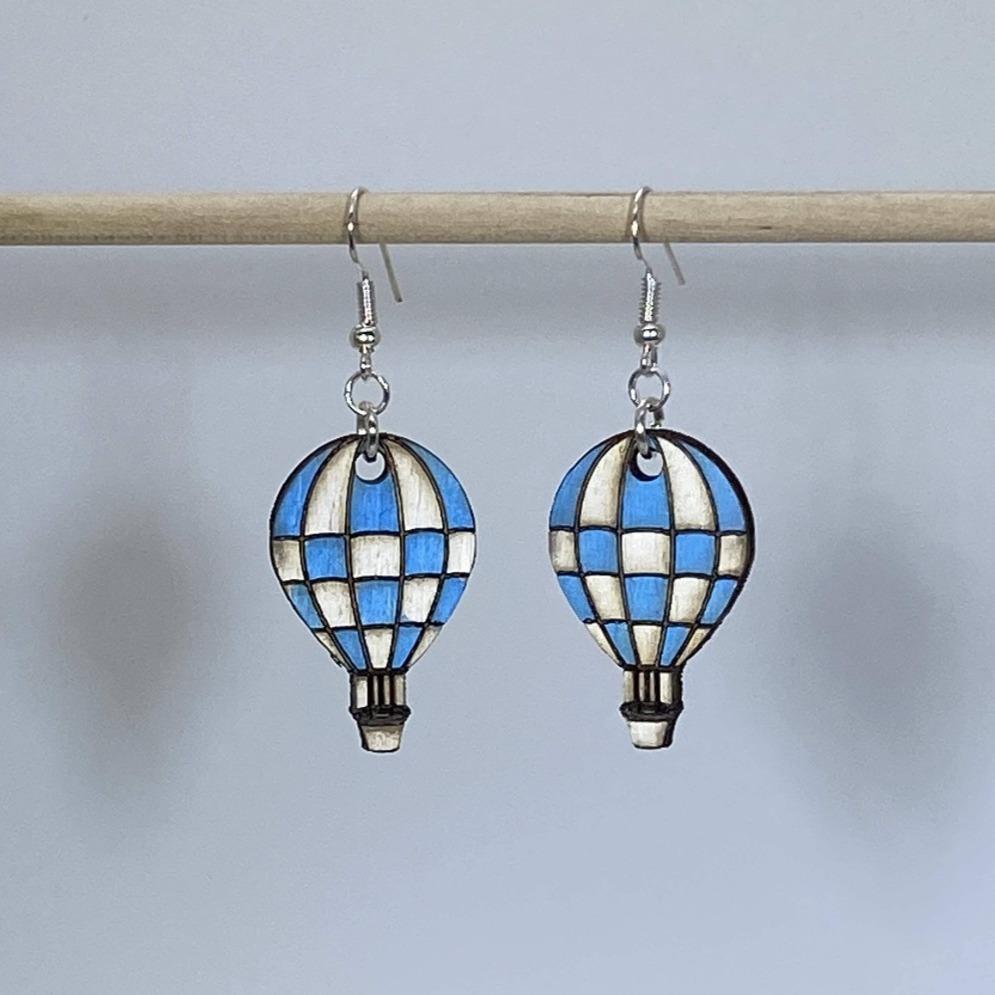 Checkered Hot Air Balloon Dangle Earrings - Blue - Cate's Concepts, LLC