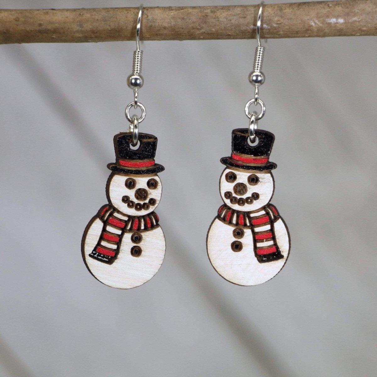 Christmas Button Nose Snowman Wooden Dangle Earrings - - Cate's Concepts, LLC