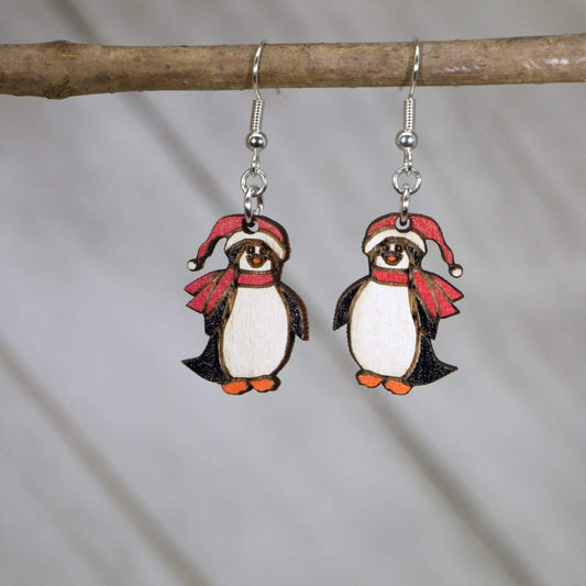Christmas Penguin Wooden Dangle Earrings - - Cate's Concepts, LLC