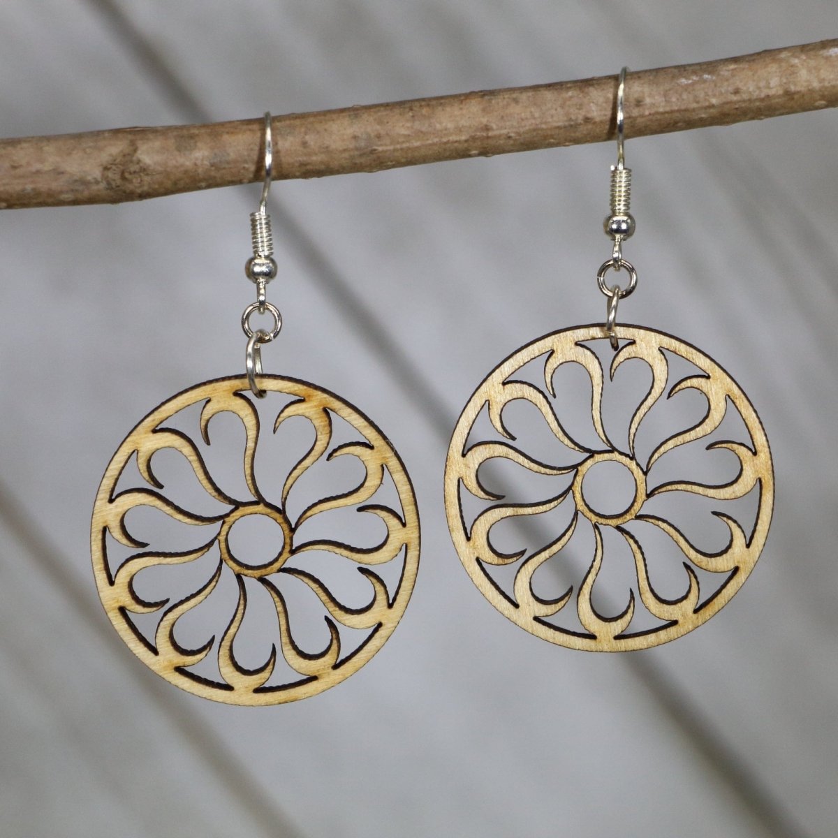 Circle Cutout Flower Wooden Dangle Earrings - - Cate's Concepts, LLC