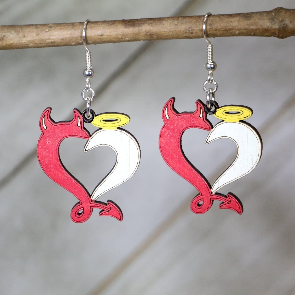 Hand-painted wooden angel devil heart dangle earrings with gothic love design and hypoallergenic sterling silver hooks, lightweight heart statement jewelry earrings for alternative romance and edgy style