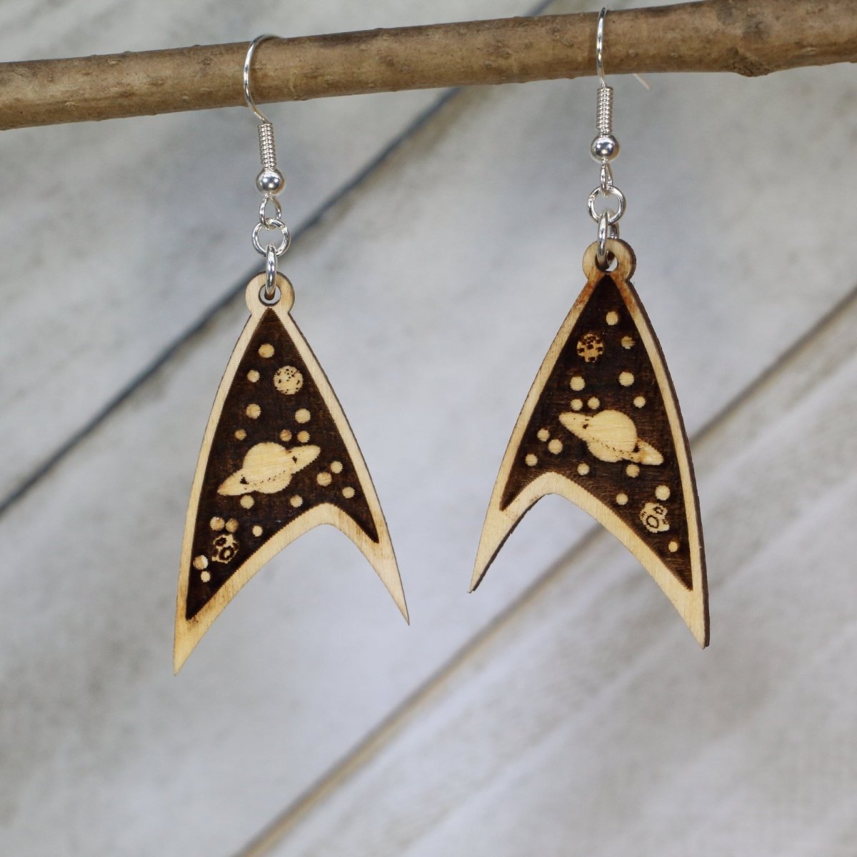 Hand-painted wooden celestial space dangle earrings with cosmic star and galaxy design and hypoallergenic sterling silver hooks, lightweight space statement jewelry earrings for sci-fi lovers and astronomy fans