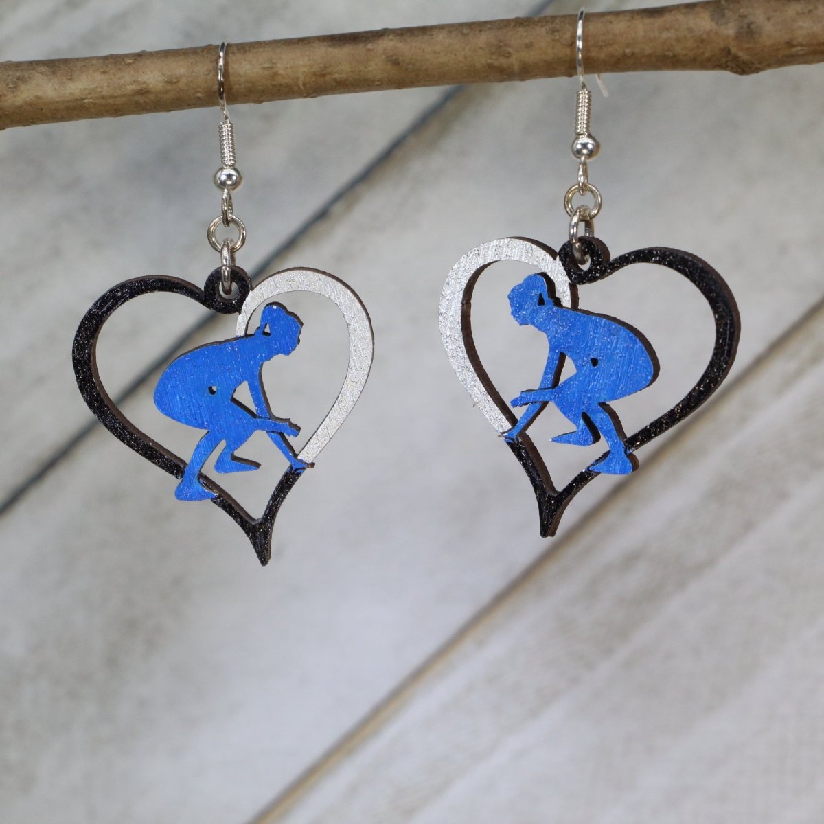 Hand-painted wooden woman wrestler dangle earrings with strong athletic design and hypoallergenic sterling silver hooks, girls wrestling sports jewelry for wrestlers, coaches, and proud moms