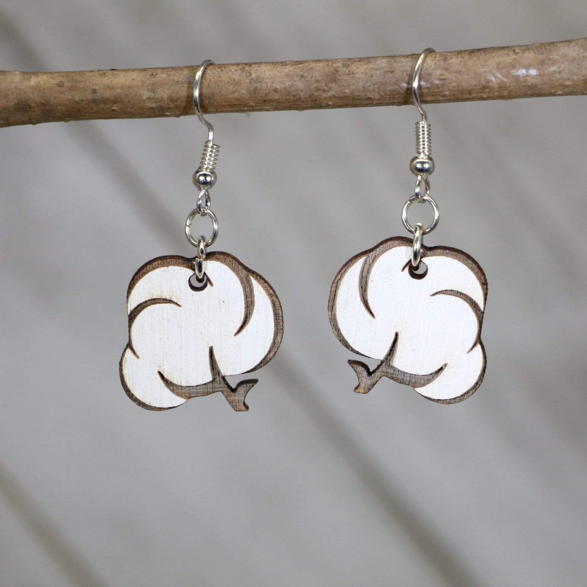 Cotton Boll Wooden Dangle Earrings - - Cate's Concepts, LLC