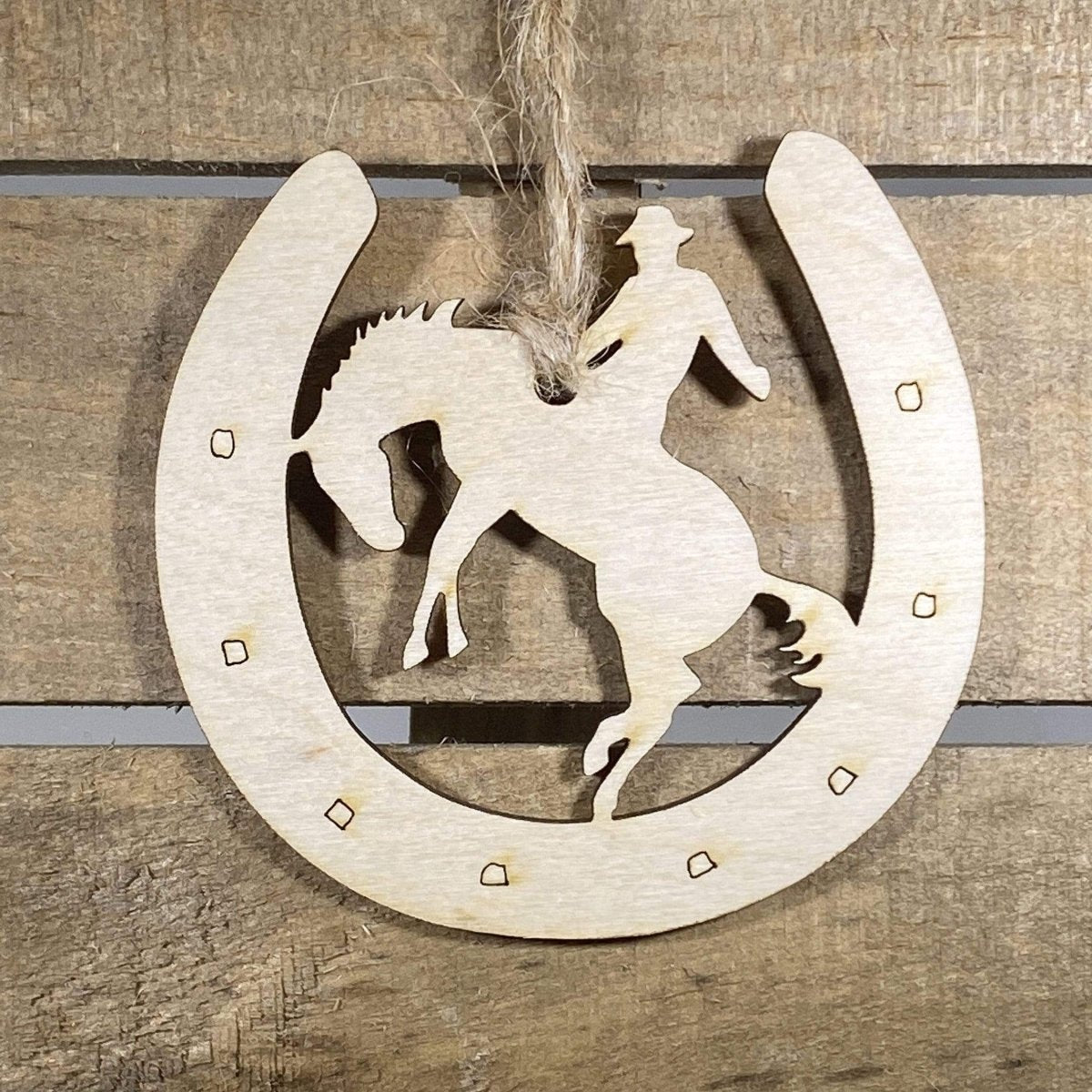 Cowboy and Horseshoe Wooden Ornaments - - Cate's Concepts, LLC