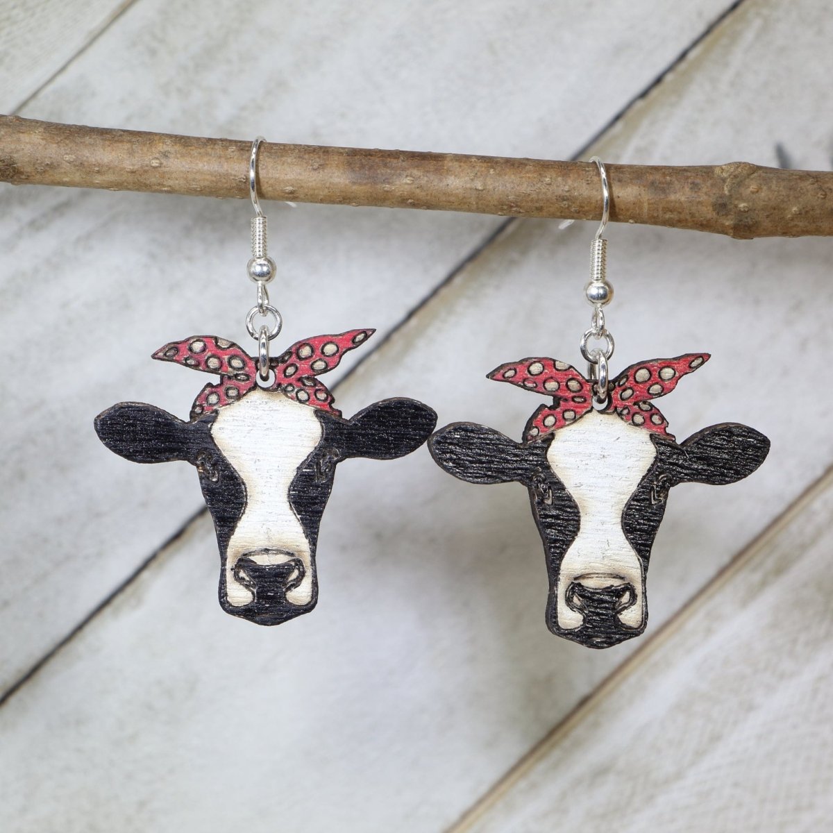 Cowlicious Cow with Scarf Wooden Earrings - - Cate's Concepts, LLC