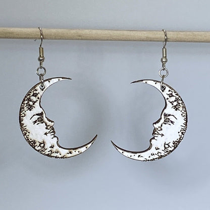 Crescent Moon Face Wooden Dangle Earrings - - Cate's Concepts, LLC