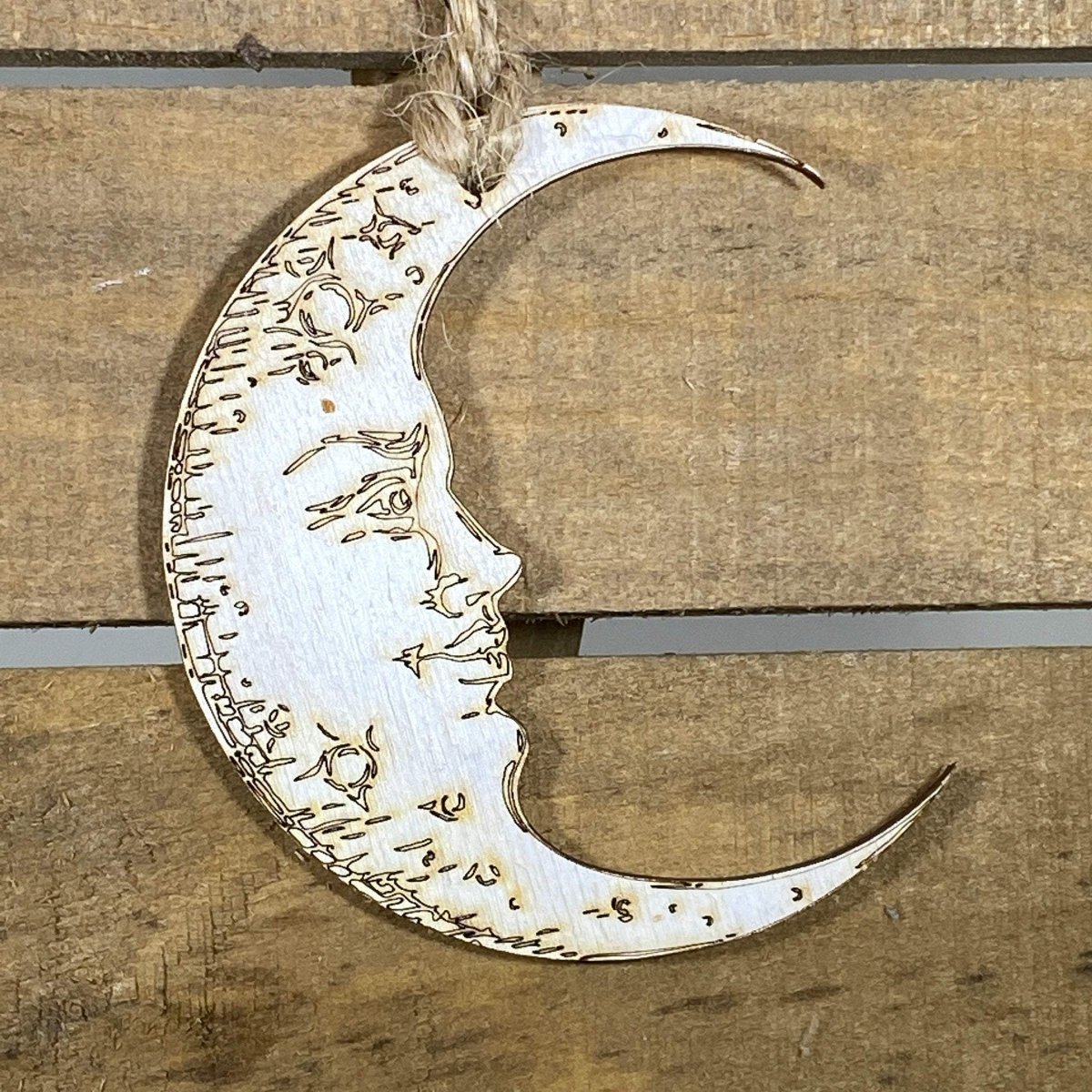 Crescent Moon With a Face Wooden Christmas Ornament - - Cate's Concepts, LLC