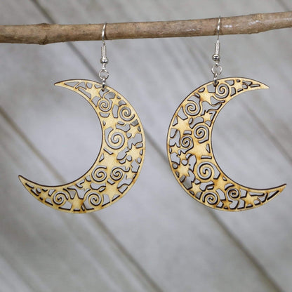 Crescent Moon Wooden Dangle Earrings - - Cate's Concepts, LLC