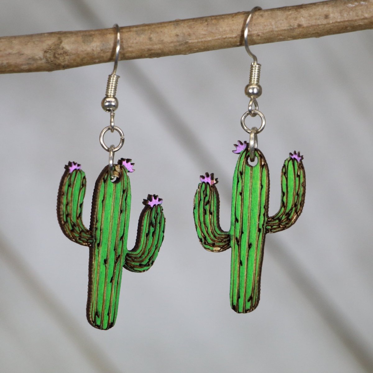 Desert Cactus Wooden Dangle Earrings - - Cate's Concepts, LLC