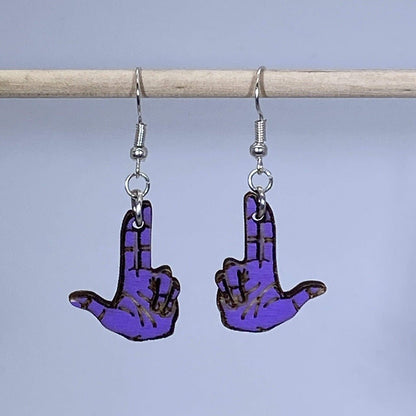 Double Finger Gun Wooden Dangle Earrings - Purple - Cate's Concepts, LLC