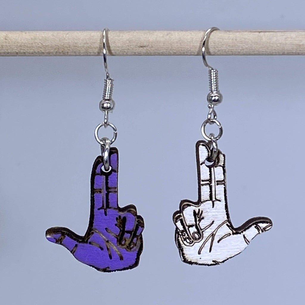 Double Finger Gun Wooden Dangle Earrings - Purple / White - Cate's Concepts, LLC