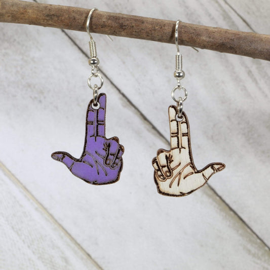 Double Finger Gun Wooden Dangle Earrings - Purple / White - Cate's Concepts, LLC