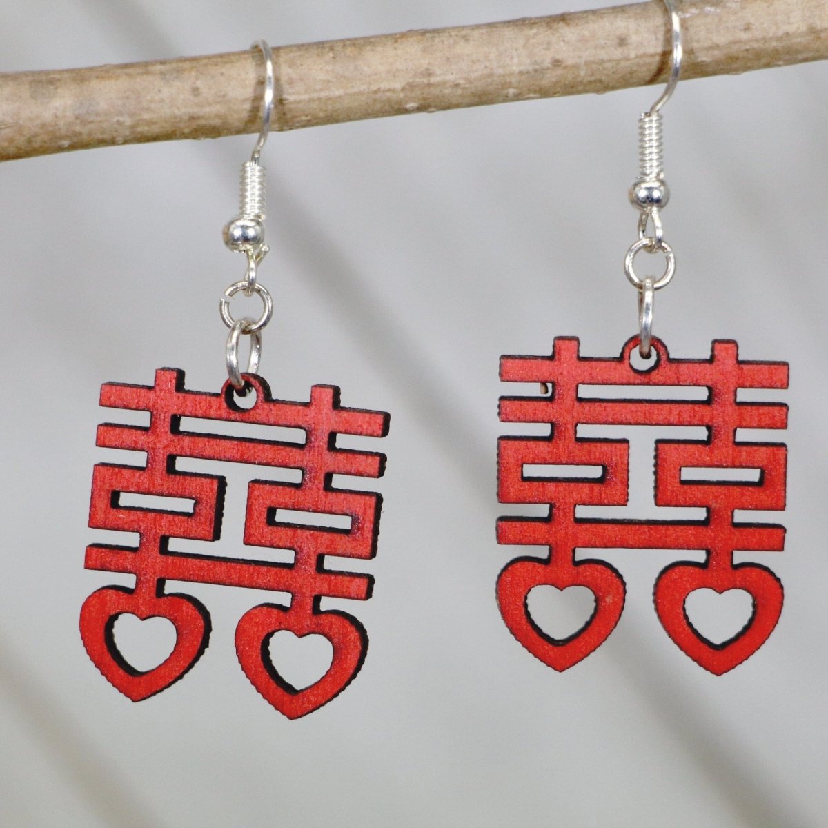 Double Happy Chinese Symbol with Hearts Wooden Dangle Earrings - - Cate's Concepts, LLC