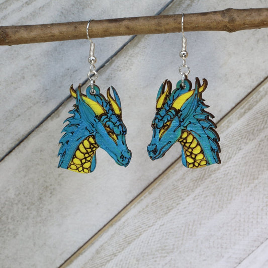 Fantasy Dragon Wooden Dangle Earrings - Blue Dragon - Cate's Concepts, LLC
