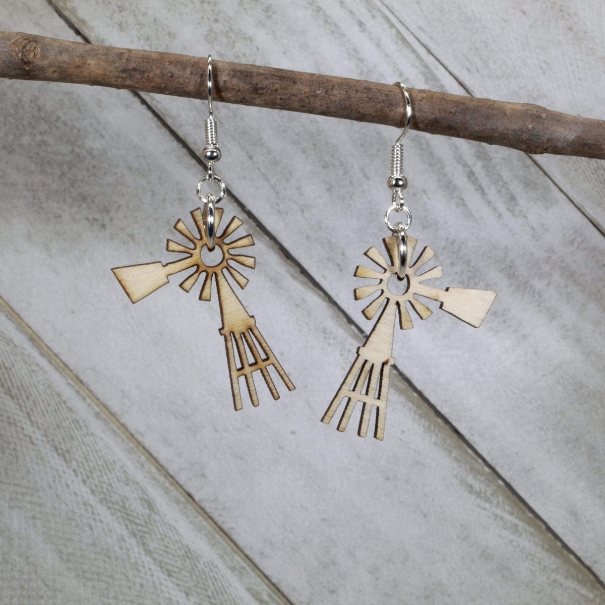 Farmland Prairie Windmills Wooden Dangle Earrings - - Cate's Concepts, LLC