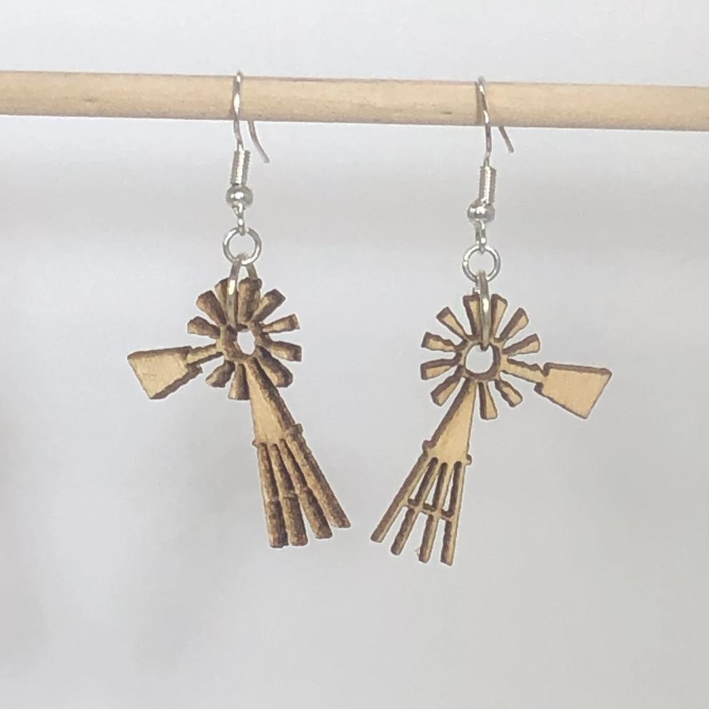 Farmland Prairie Windmills Wooden Dangle Earrings - - Cate's Concepts, LLC