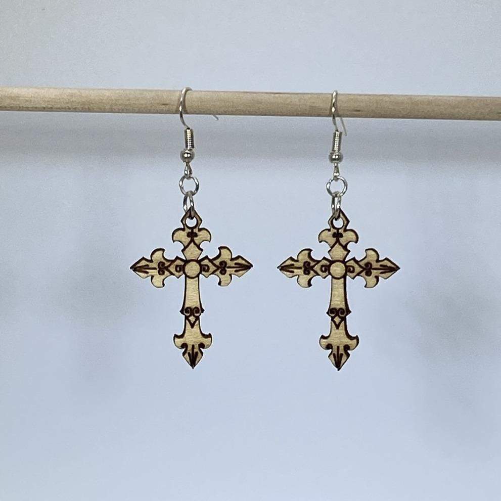 Gothic Cross Wooden Dangle Earrings - - Cate's Concepts, LLC