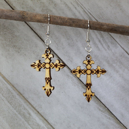 Gothic Cross Wooden Dangle Earrings - - Cate's Concepts, LLC