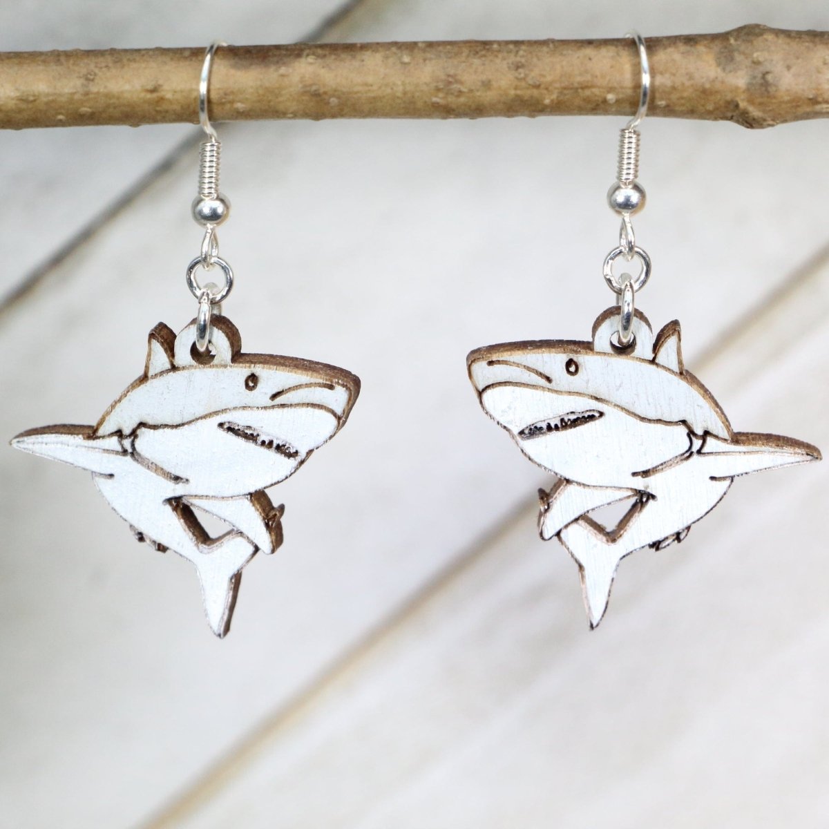 Great White Shark Wooden Earrings - - Cate's Concepts, LLC