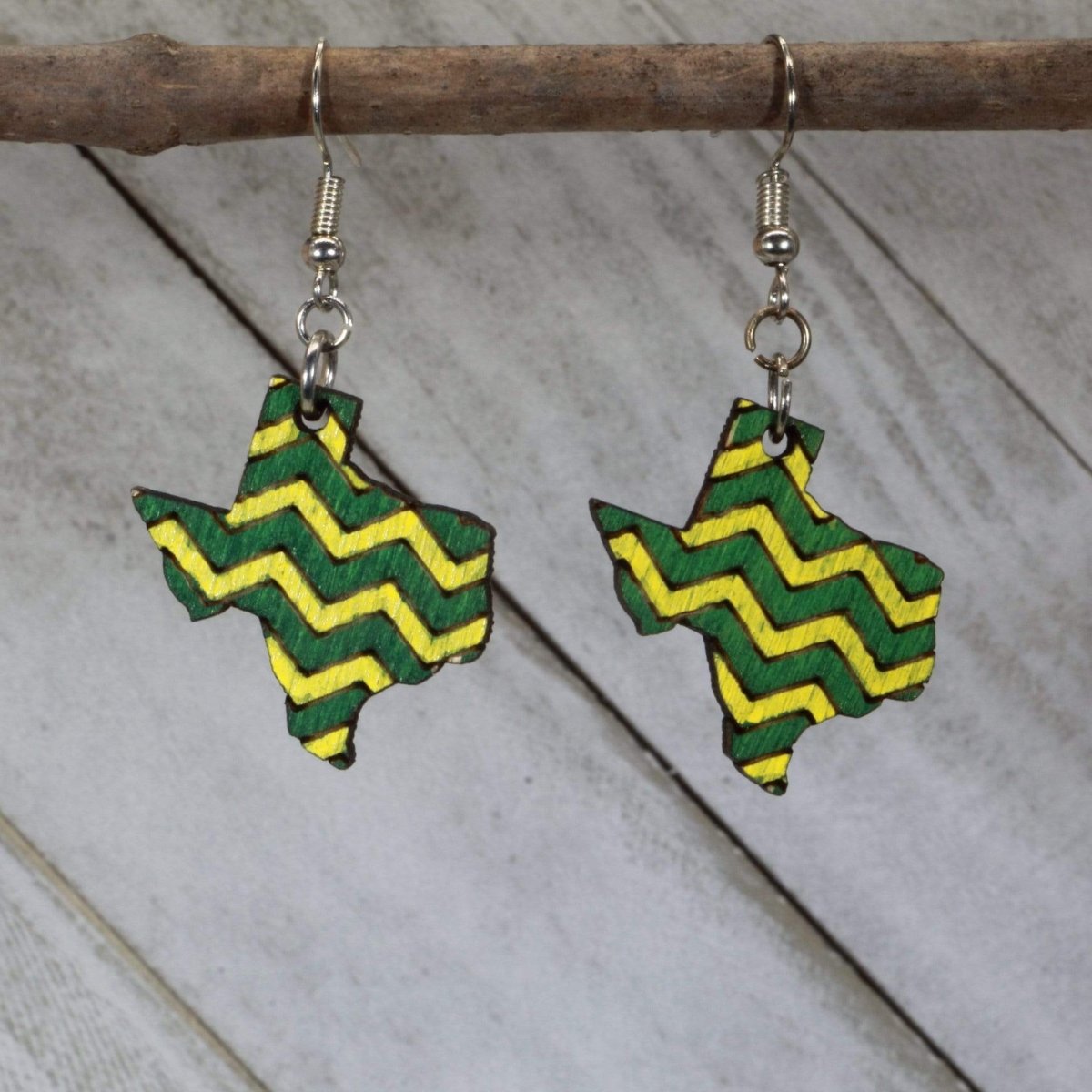 Green and Gold, Texas, Wooden Dangle Earrings - - Cate's Concepts, LLC