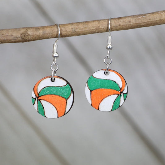 Green, Orange, and White Volleyball Wooden Dangle Earrings - - Cate's Concepts, LLC