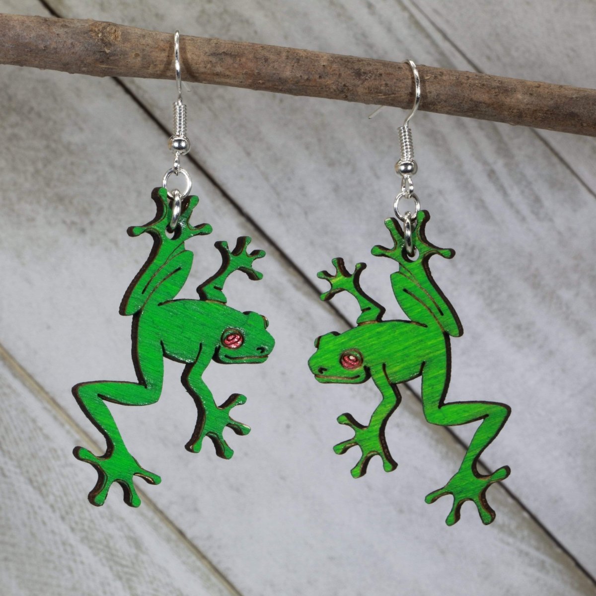 Green Rainforest Tree Frogs Wooden Dangle Earrings - - Cate's Concepts, LLC