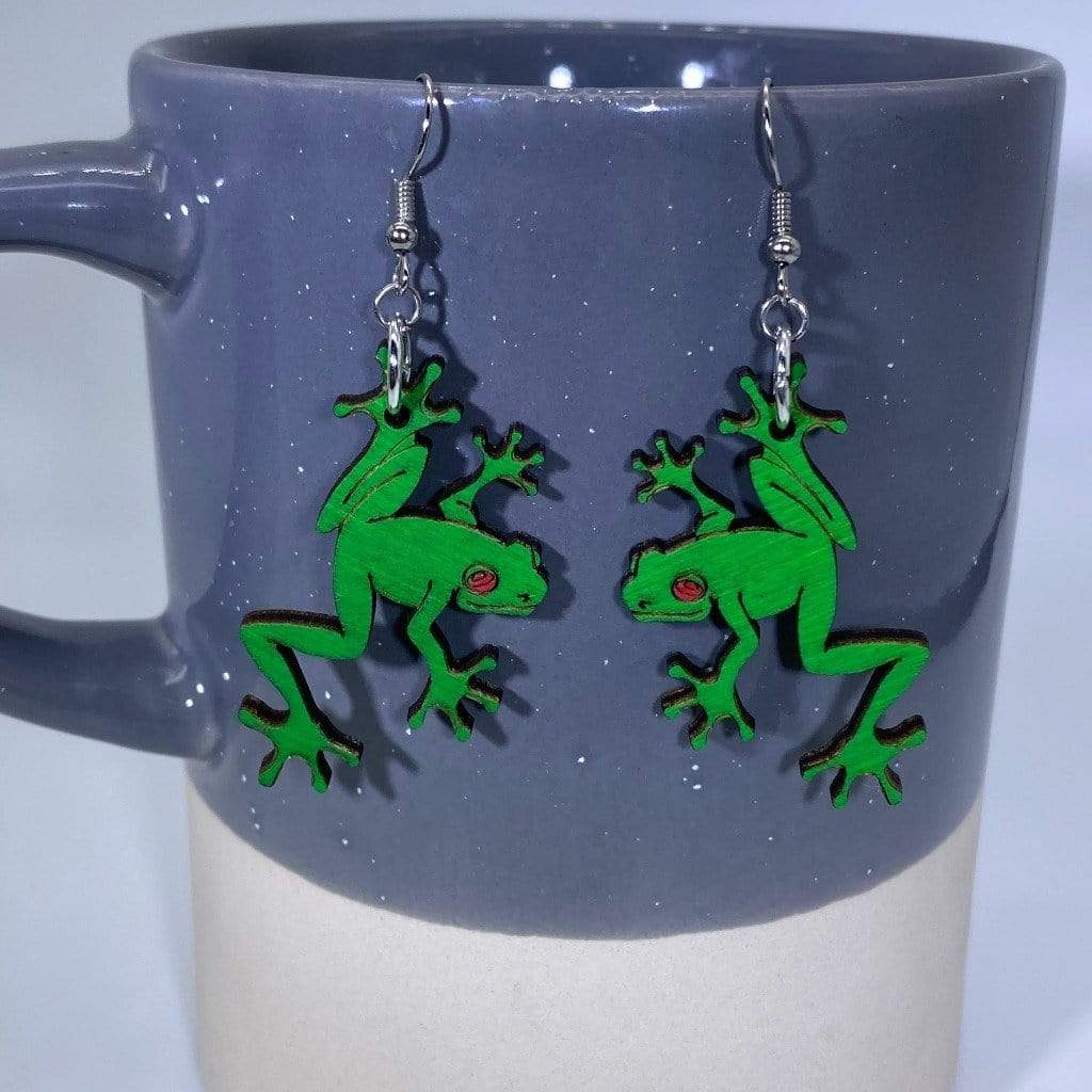 Green Rainforest Tree Frogs Wooden Dangle Earrings - - Cate's Concepts, LLC