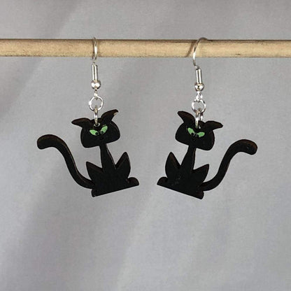 Halloween Black Cats Silhouette Wooden Dangle Earrings - - Cate's Concepts, LLC