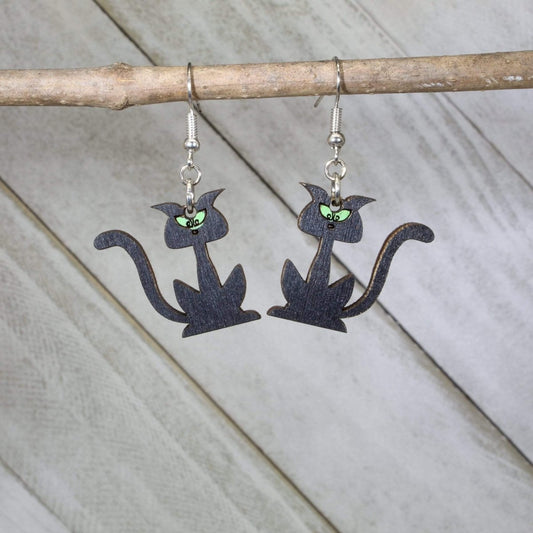 Halloween Black Cats Silhouette Wooden Dangle Earrings - - Cate's Concepts, LLC