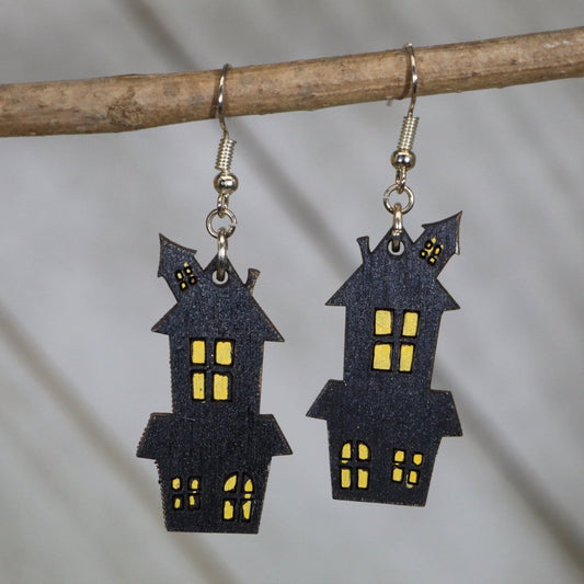 Halloween Haunted House Wooden Dangle Earrings - - Cate's Concepts, LLC