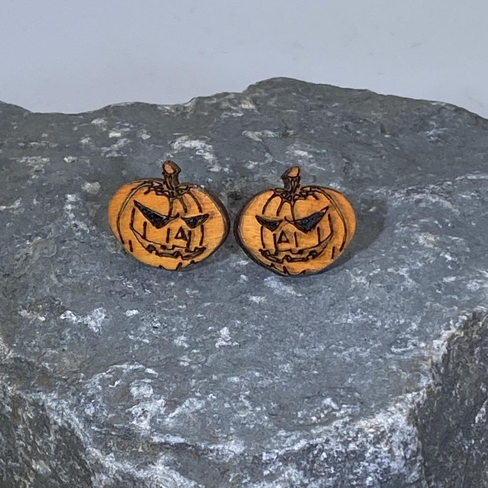 Halloween Jack-O-Lantern Wooden Dangle Earrings - Stud - Cate's Concepts, LLC