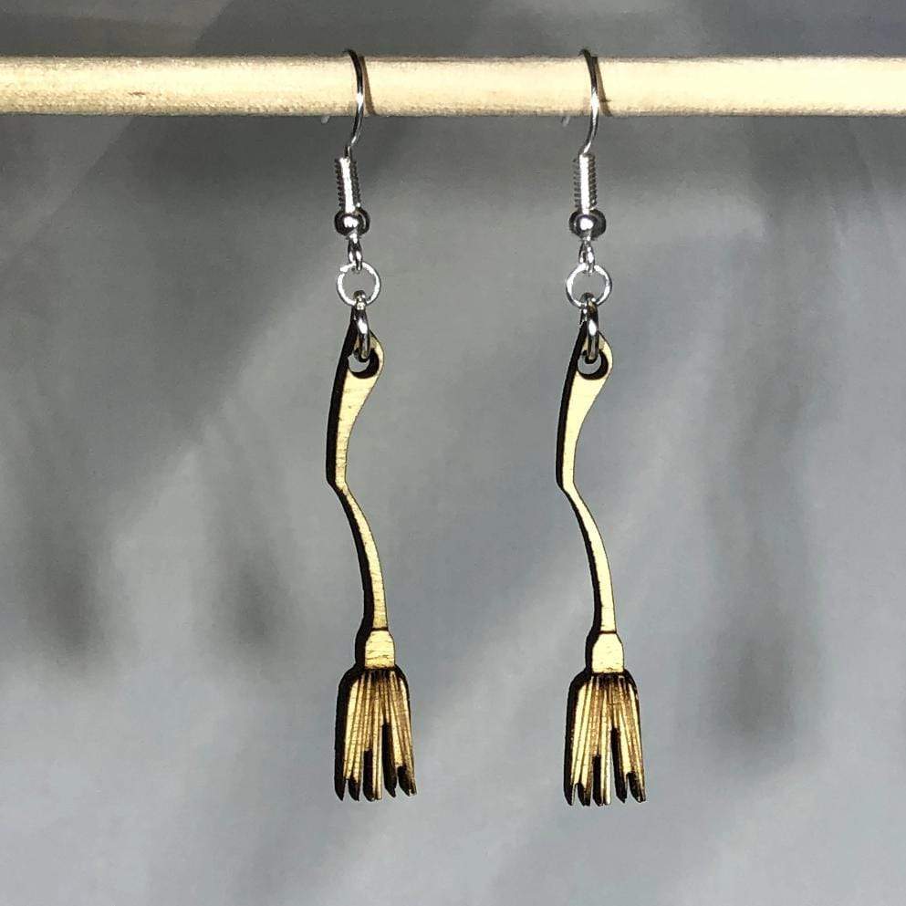 Halloween Witches Broom Wooden Dangle Earrings - - Cate's Concepts, LLC