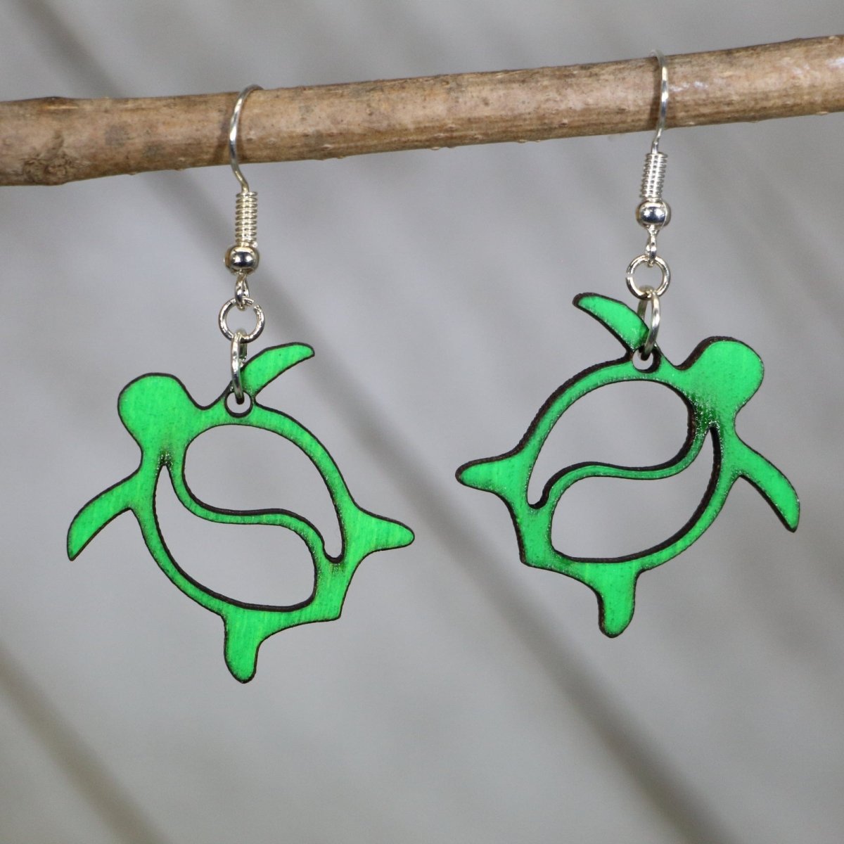 Hawaiian Sea Turtle Wooden Dangle Earrings - Green - Cate's Concepts, LLC