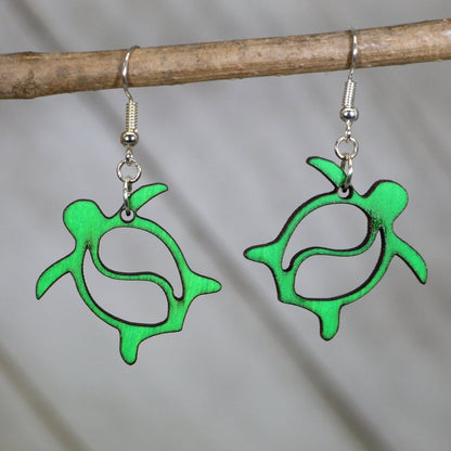 Green Hand-painted wooden Hawaiian sea turtle dangle earrings with honu ocean design and hypoallergenic sterling silver hooks, lightweight sea turtle statement jewelry earrings for beach lovers and island style