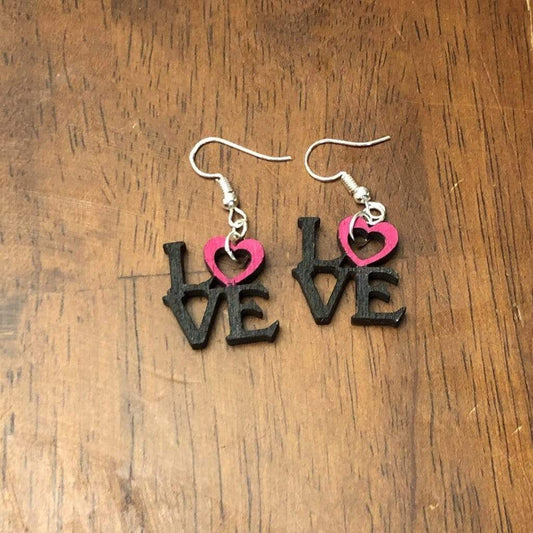 Heart LOVE Wooden Dangle Earrings - Black / Red - Cate's Concepts, LLC
